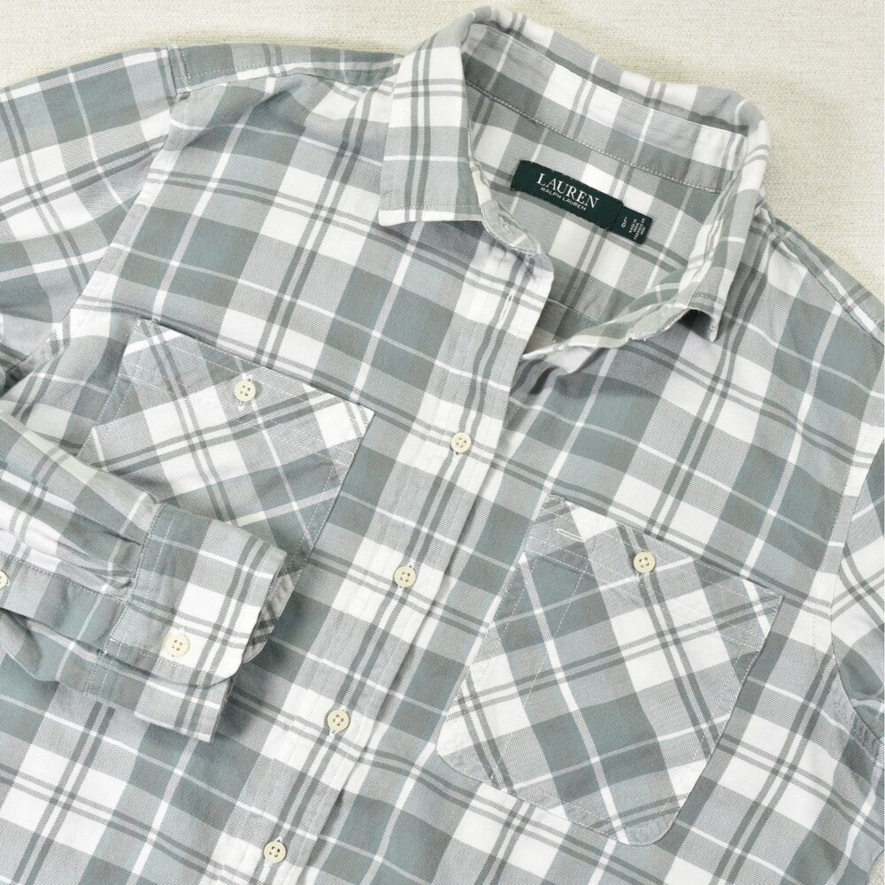 Lauren Ralph Lauren Womens Lightweight Plaid Flannel Large Sage Green White